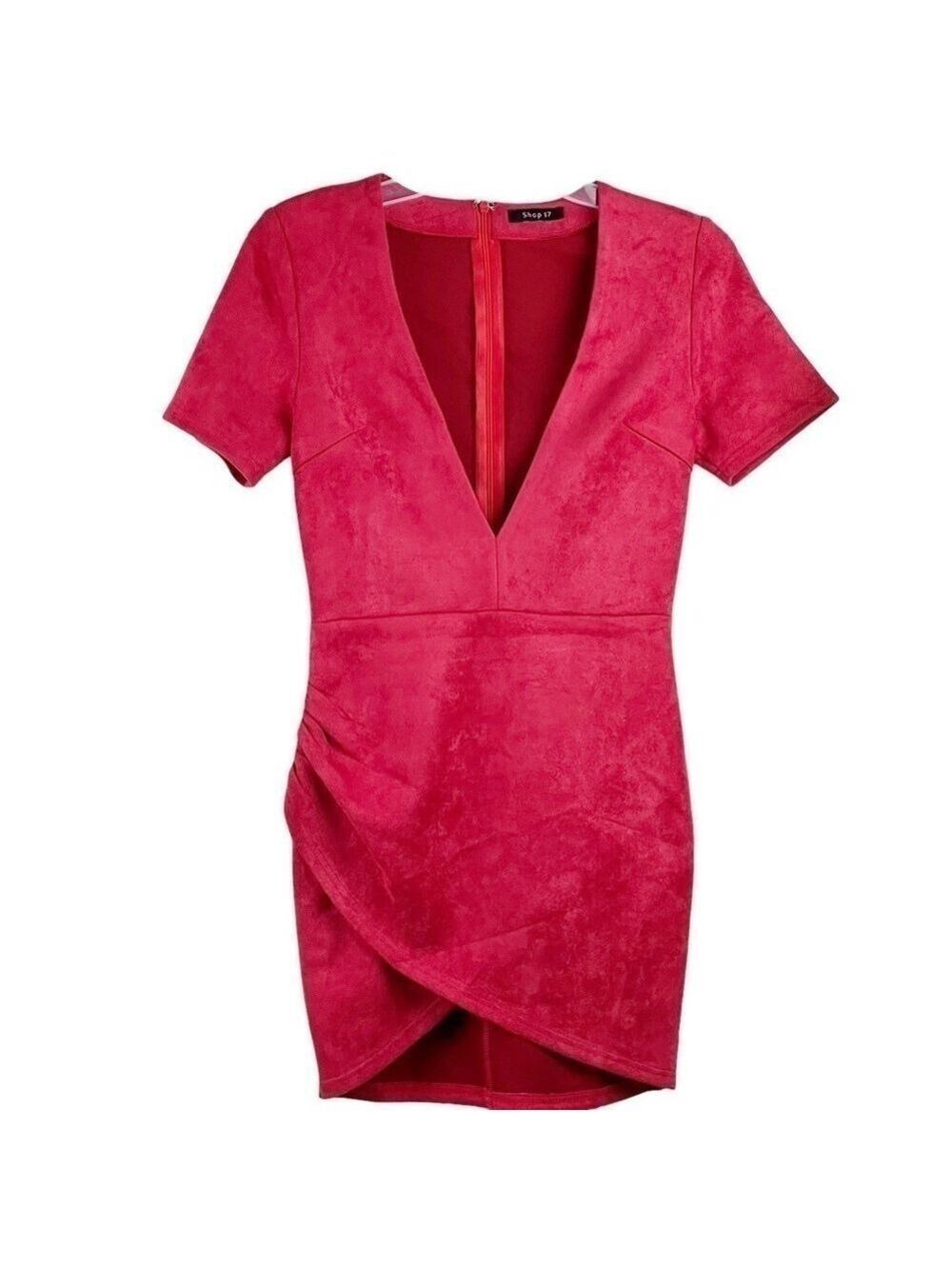 New-Shop17 Suede, Deep V Neck, Ruched, Crossover Hem, Short Sleeve Mini Dress SM